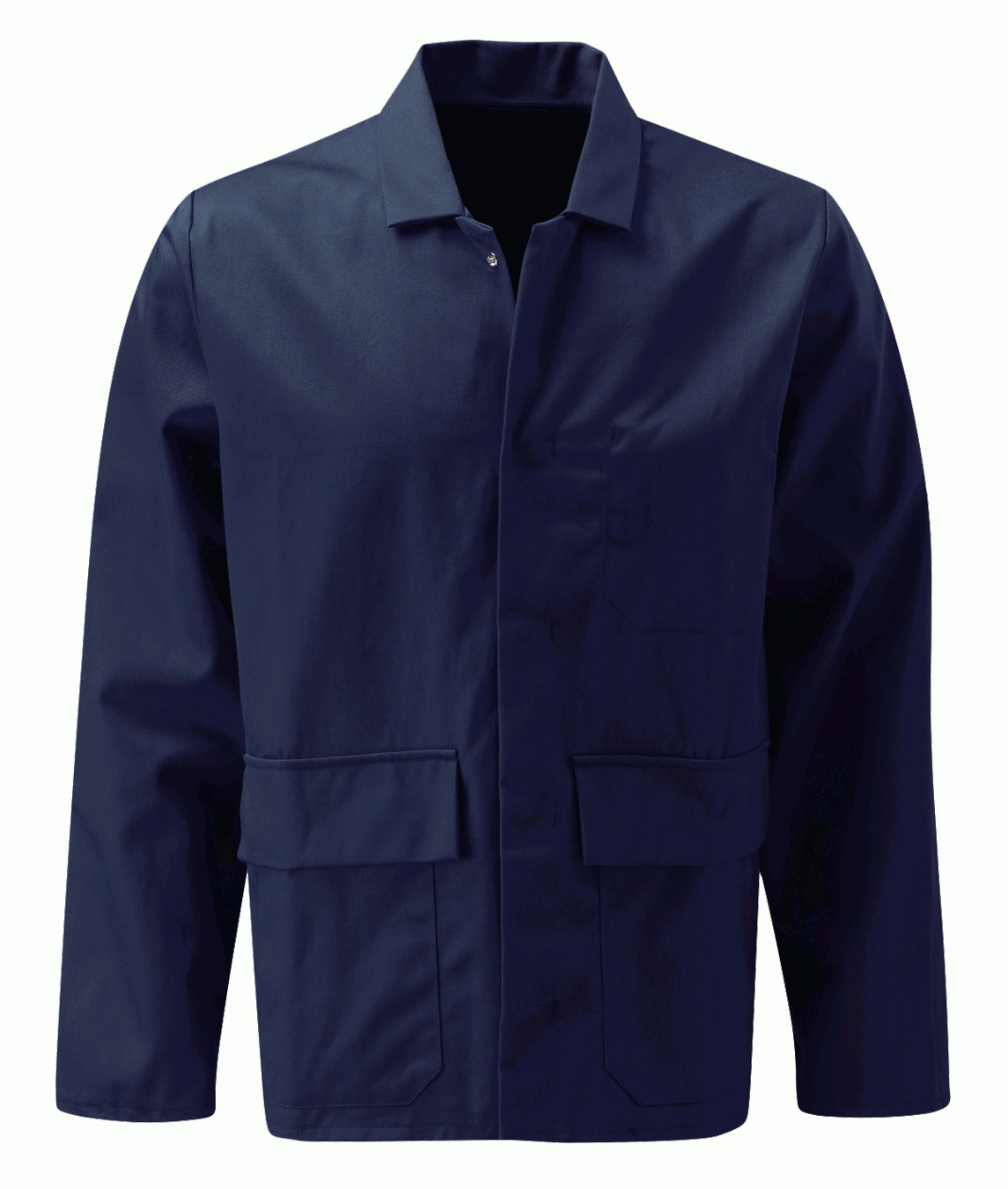 Dark navy fire-retardant poly-cotton work jacket with concealed press-stud front, chest pocket, and twin lower pockets. Flame-resistant outerwear designed for industrial, welding, and workshop environments. Protective work jacket by MAK Boots & Garments.