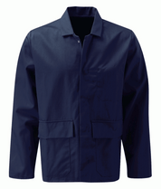 Dark navy fire-retardant poly-cotton work jacket with concealed press-stud front, chest pocket, and twin lower pockets. Flame-resistant outerwear designed for industrial, welding, and workshop environments. Protective work jacket by MAK Boots & Garments.