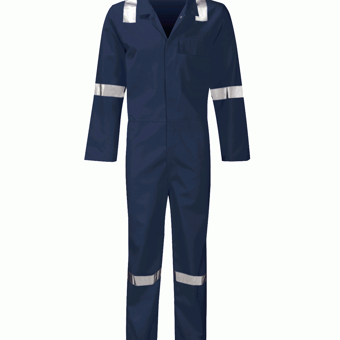 Navy blue fire-retardant coverall with reflective tape on shoulders, sleeves, and legs. Features a chest pocket and press-stud front fastening. Built for safety in industrial, offshore, and maintenance environments. Premium workwear by MAK Boots & Garments.