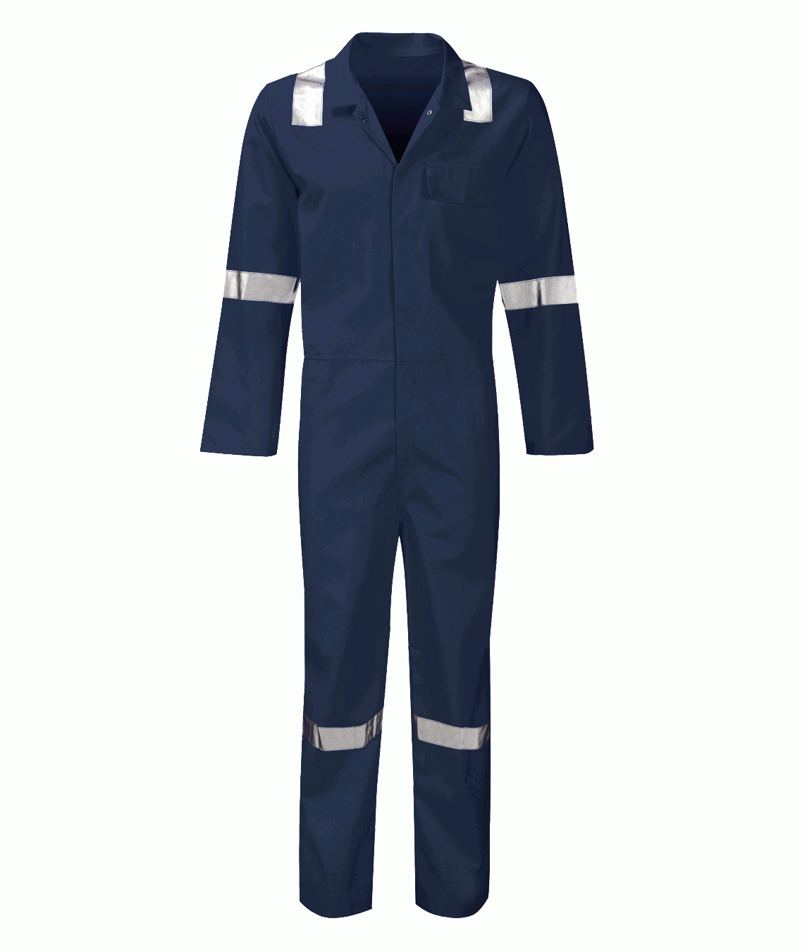 Navy blue fire-retardant coverall with reflective tape on shoulders, sleeves, and legs. Features a chest pocket and press-stud front fastening. Built for safety in industrial, offshore, and maintenance environments. Premium workwear by MAK Boots & Garments.