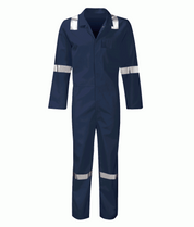 Navy blue fire-retardant coverall with reflective tape on shoulders, sleeves, and legs. Features a chest pocket and press-stud front fastening. Built for safety in industrial, offshore, and maintenance environments. Premium workwear by MAK Boots & Garments.