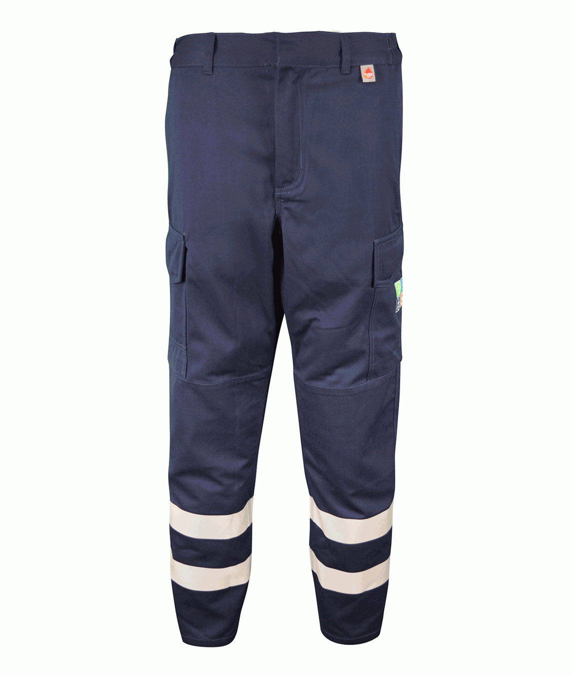 Navy flame-retardant work trousers with dual silver reflective bands on each lower leg. Designed with cargo pockets, belt loops, and reinforced knee panels. Built for industrial and high-risk environments including utilities, oil & gas, and emergency response. Premium protective workwear by MAK Boots & Garments