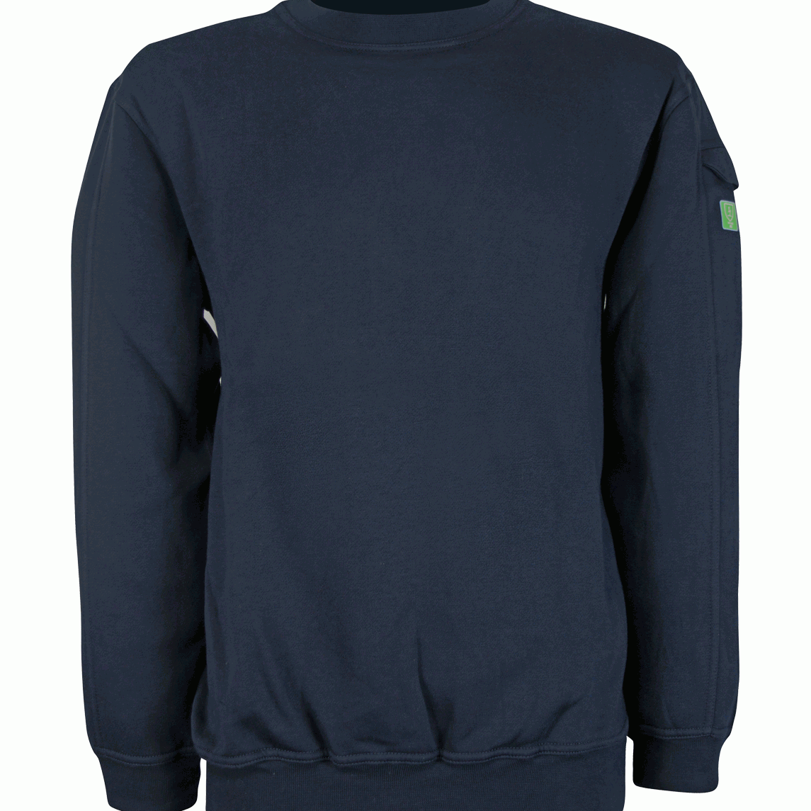 Dark navy fire-retardant crew neck sweatshirt with ribbed cuffs and hem, designed for warmth and safety in industrial and hazardous work settings. Comfortable flame-resistant layering piece by MAK Boots & Garments.