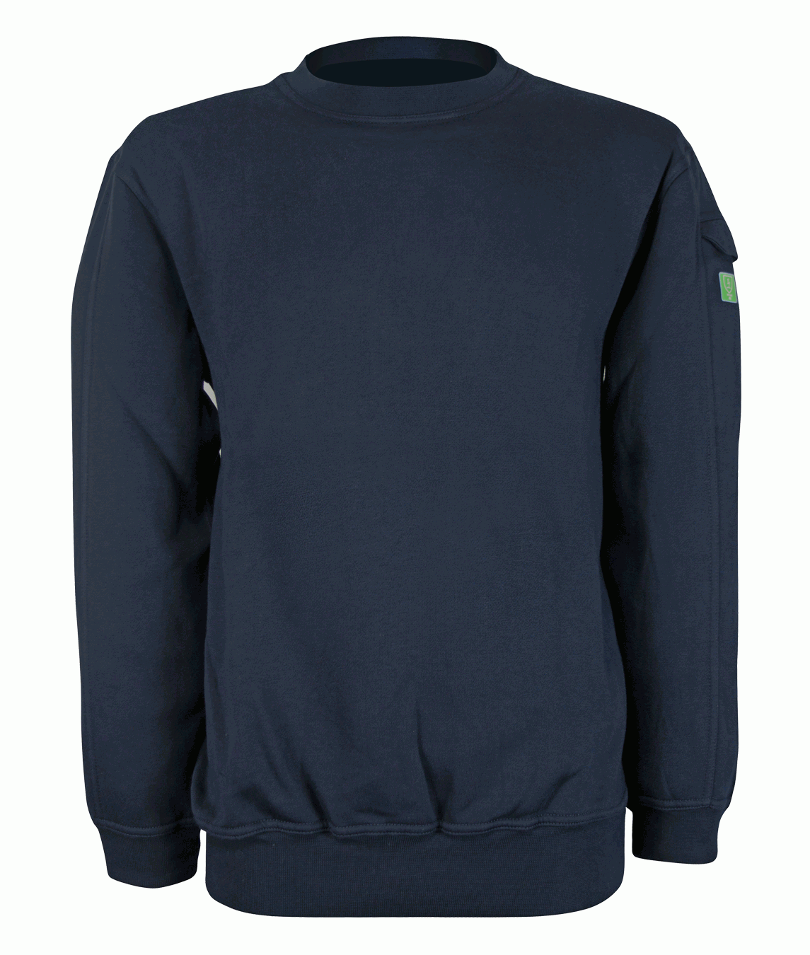 Dark navy fire-retardant crew neck sweatshirt with ribbed cuffs and hem, designed for warmth and safety in industrial and hazardous work settings. Comfortable flame-resistant layering piece by MAK Boots & Garments.
