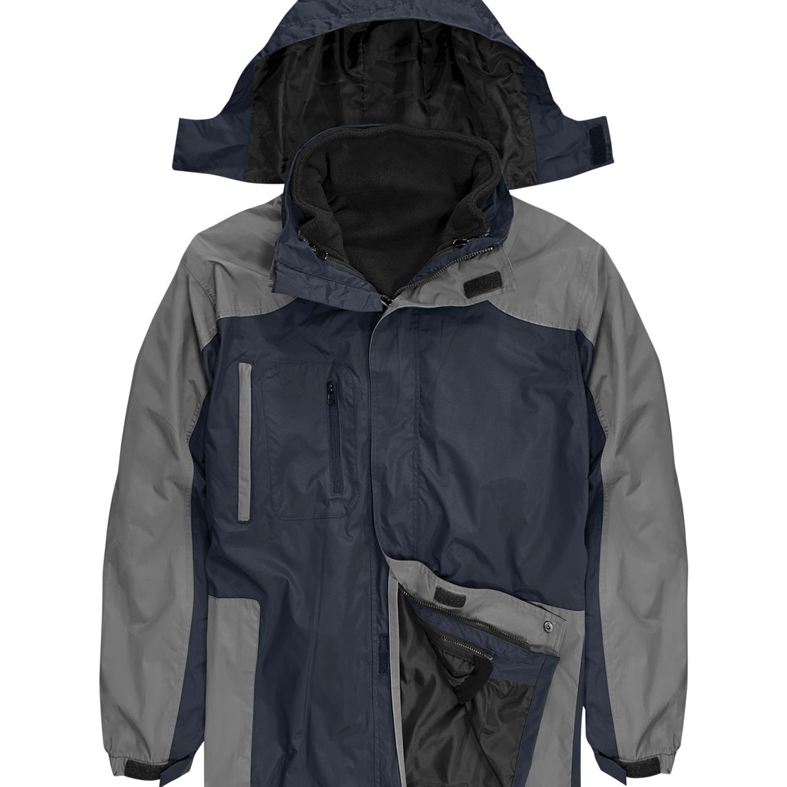 Navy and grey waterproof jacket with detachable hood, zippered pockets, and adjustable cuffs. Features an inner fleece lining for warmth, ideal for versatile weather protection. By MAK Boots & Garments.