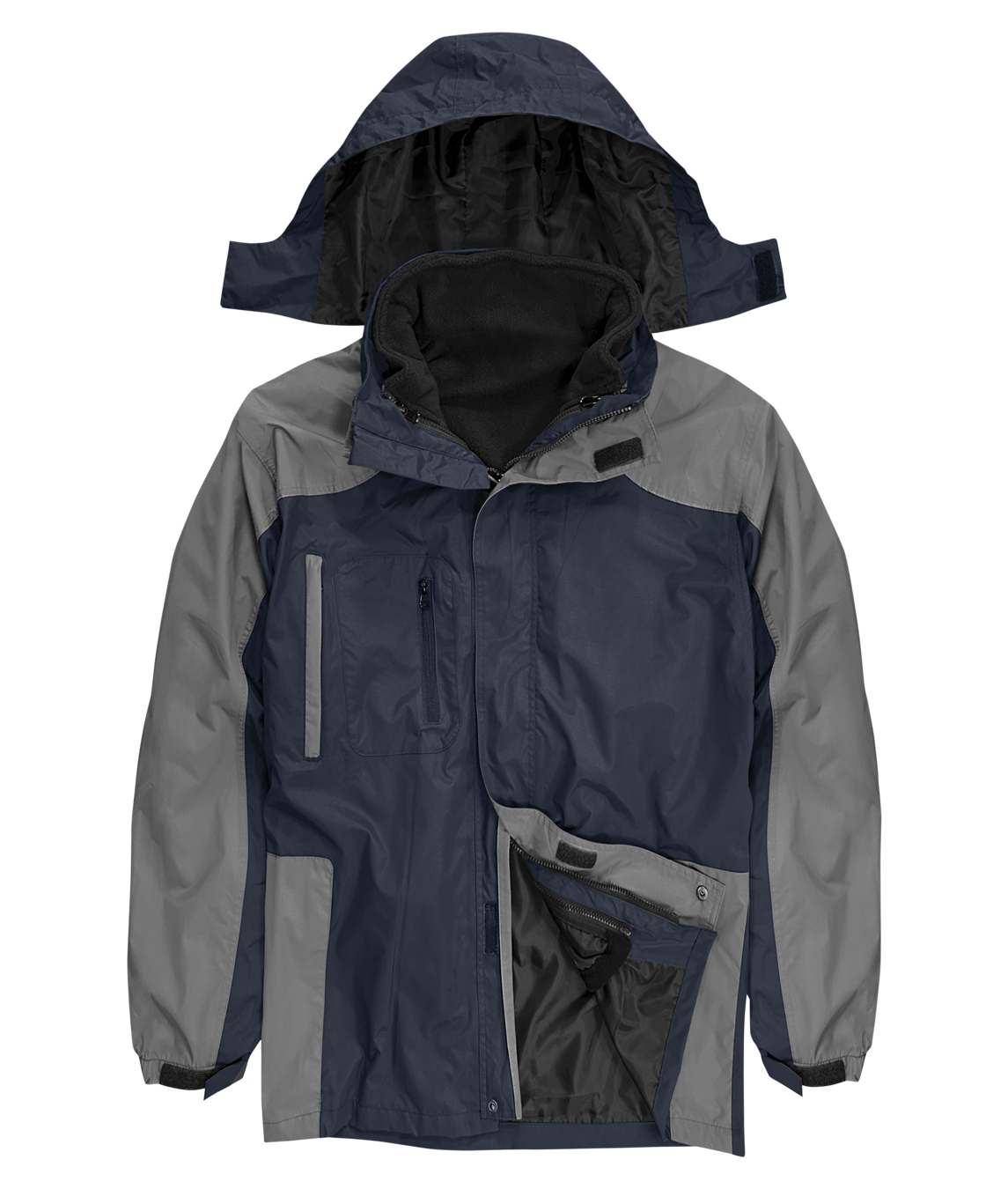 Navy and grey waterproof jacket with detachable hood, zippered pockets, and adjustable cuffs. Features an inner fleece lining for warmth, ideal for versatile weather protection. By MAK Boots & Garments.