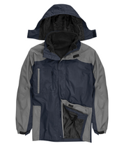 Navy and grey waterproof jacket with detachable hood, zippered pockets, and adjustable cuffs. Features an inner fleece lining for warmth, ideal for versatile weather protection. By MAK Boots & Garments.