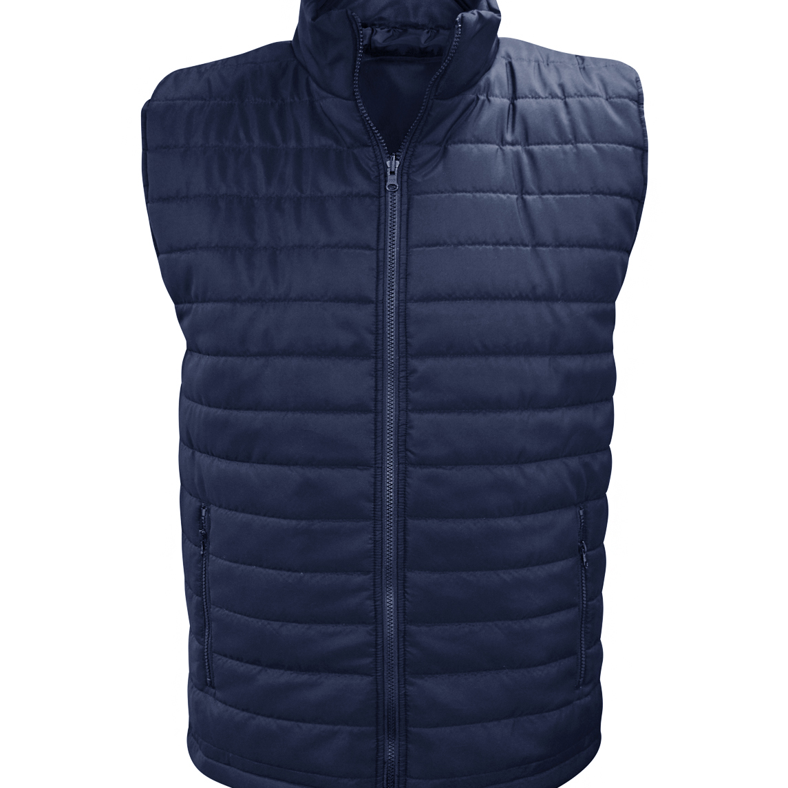 Navy insulated quilted bodywarmer vest featuring a full-front zipper, zippered side pockets, and a high collar. Lightweight and designed for warmth, comfort, and layering. By MAK Boots & Garments.