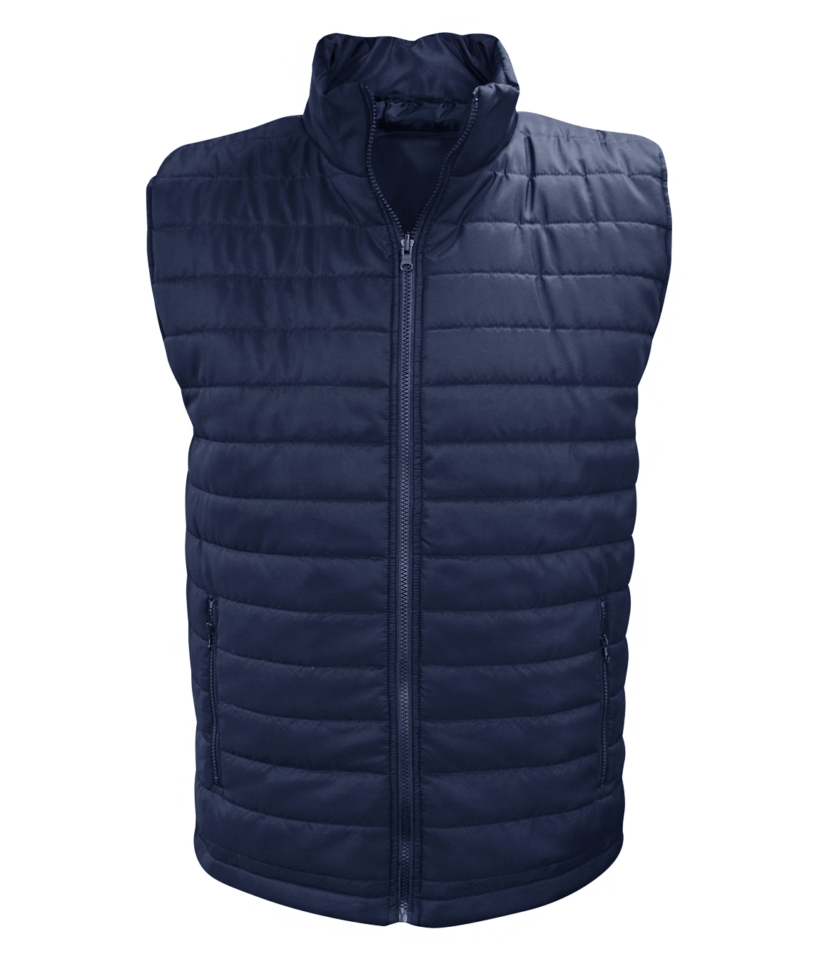 Navy insulated quilted bodywarmer vest featuring a full-front zipper, zippered side pockets, and a high collar. Lightweight and designed for warmth, comfort, and layering. By MAK Boots & Garments.