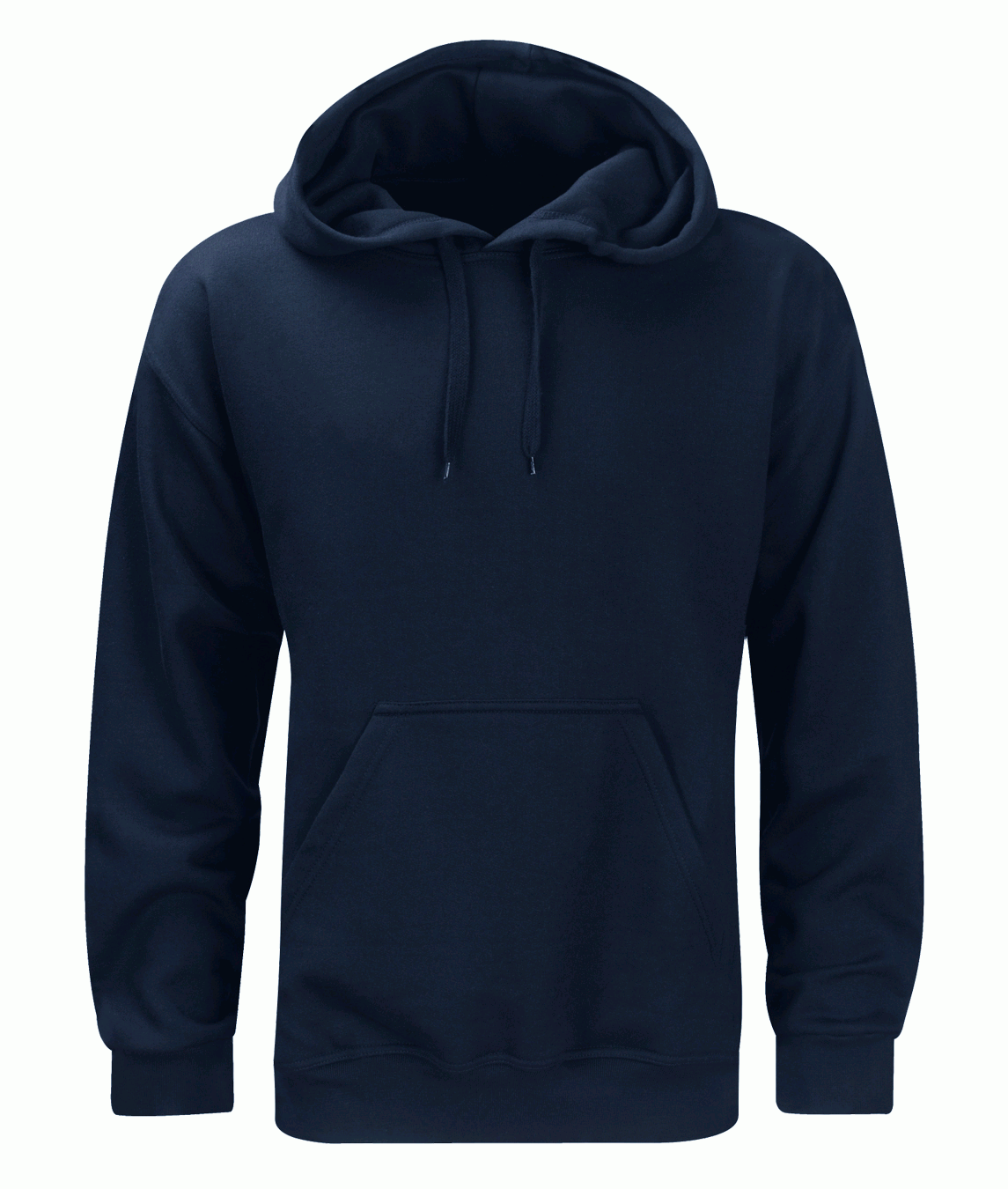 navy pullover hoodie with a drawstring hood, ribbed cuffs and hem, and a kangaroo pocket, designed for comfort and versatility on and off duty — by MAK Boots & Garments.