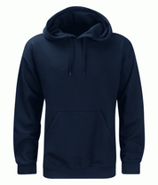 navy pullover hoodie with a drawstring hood, ribbed cuffs and hem, and a kangaroo pocket, designed for comfort and versatility on and off duty — by MAK Boots & Garments.