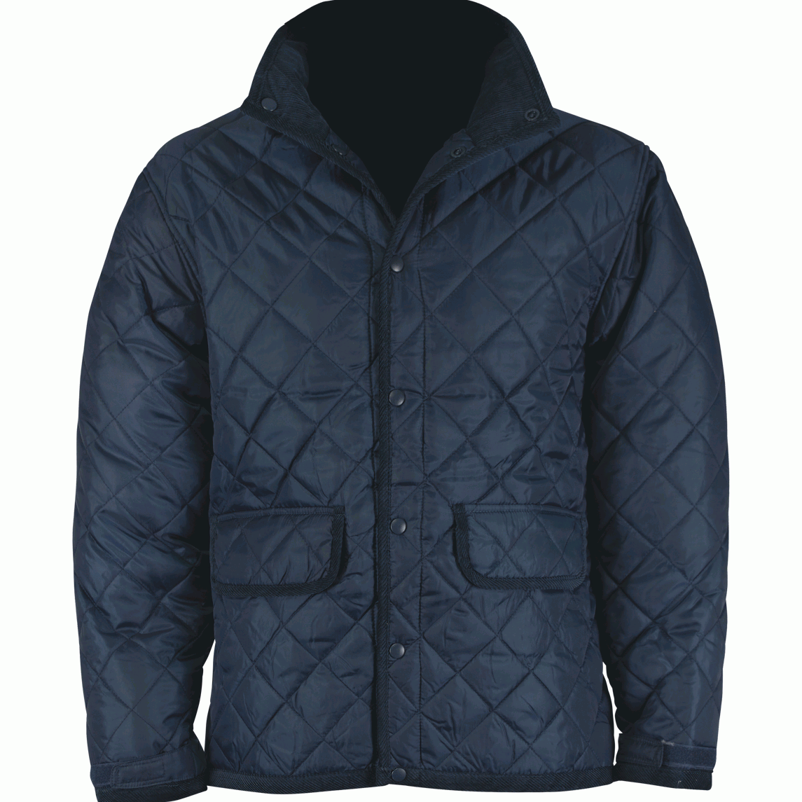 navy quilted jacket with a diamond-stitch pattern, snap-button front closure, front flap pockets, and a corduroy-lined collar for a classic, insulated look with functional warmth — by MAK Boots & Garments.