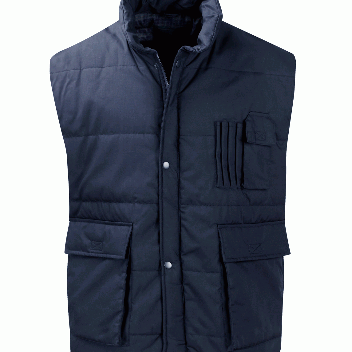 navy quilted utility gilet with snap-button front, high collar, flap pockets, and vertical pen slots on the chest, built for warmth, function, and all-day readiness — by MAK Boots & Garments.