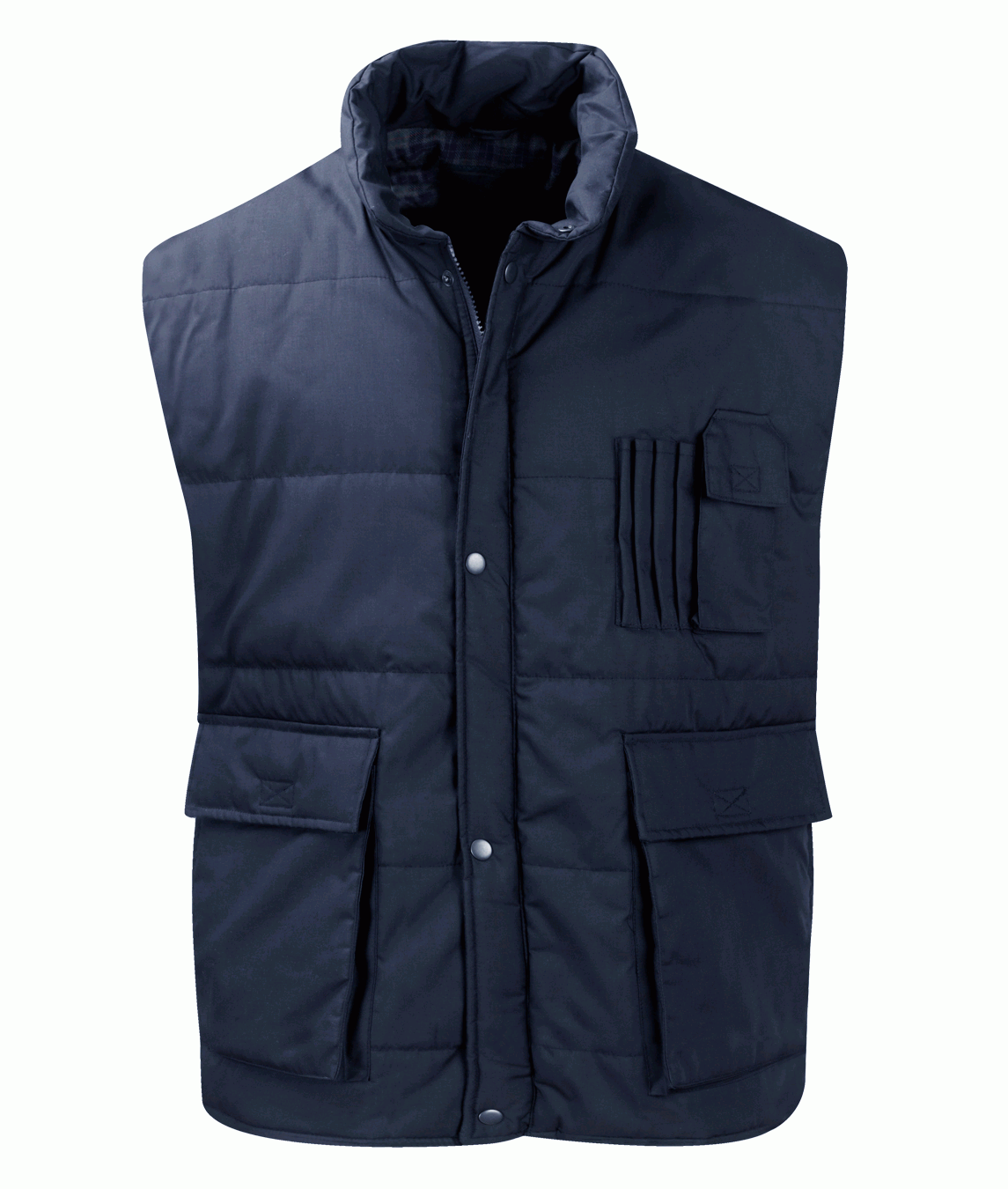 navy quilted utility gilet with snap-button front, high collar, flap pockets, and vertical pen slots on the chest, built for warmth, function, and all-day readiness — by MAK Boots & Garments.