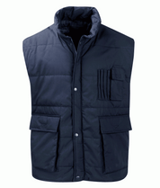 navy quilted utility gilet with snap-button front, high collar, flap pockets, and vertical pen slots on the chest, built for warmth, function, and all-day readiness — by MAK Boots & Garments.