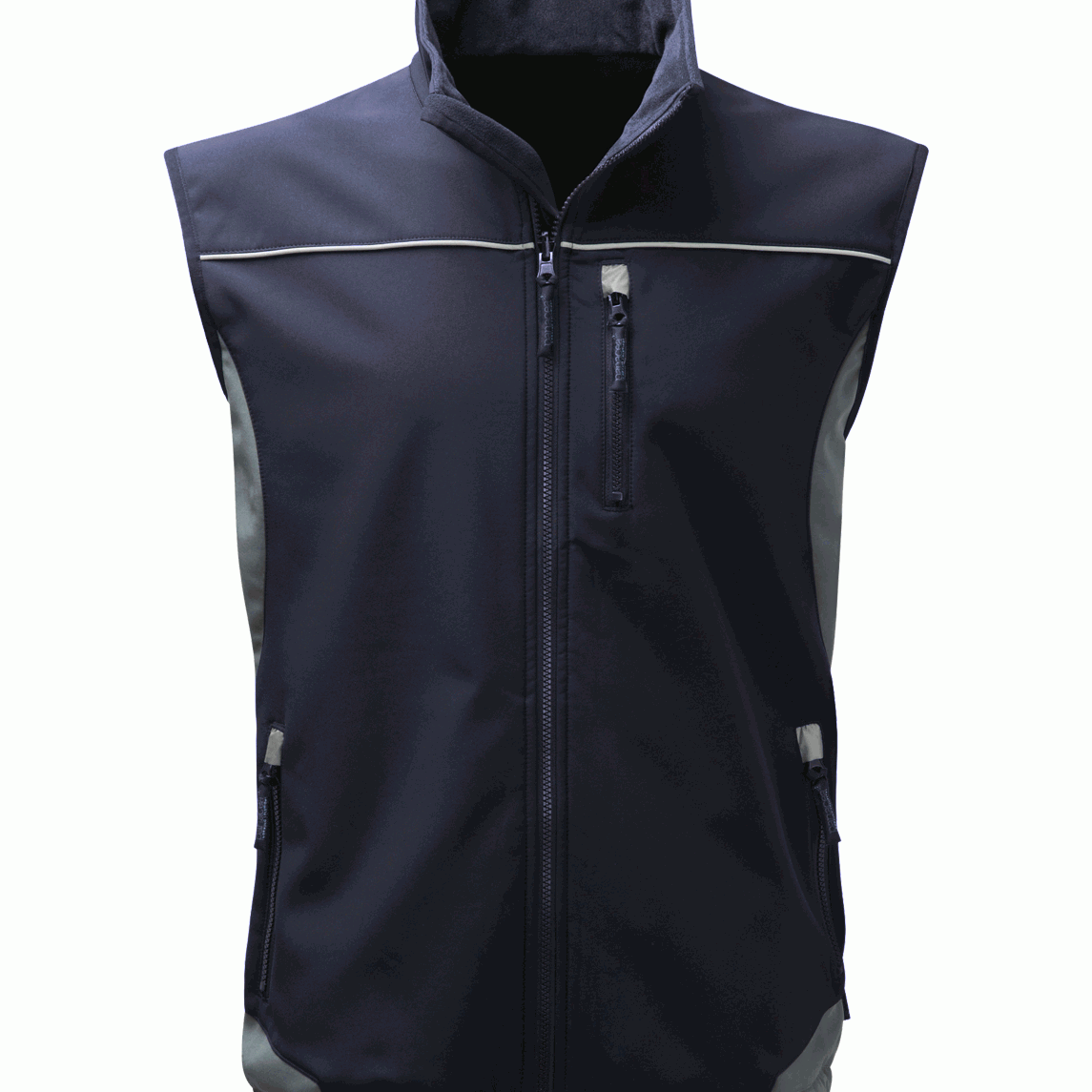 Navy blue softshell work vest with reflective piping and zippered pockets, designed for durability and comfort in industrial and outdoor work environments. High-quality workwear by MAK Boots & Garments