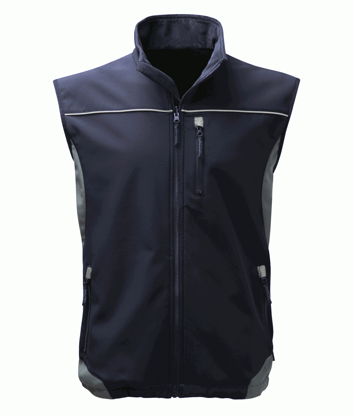 Navy blue softshell work vest with reflective piping and zippered pockets, designed for durability and comfort in industrial and outdoor work environments. High-quality workwear by MAK Boots & Garments