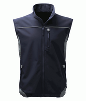 Navy blue softshell work vest with reflective piping and zippered pockets, designed for durability and comfort in industrial and outdoor work environments. High-quality workwear by MAK Boots & Garments