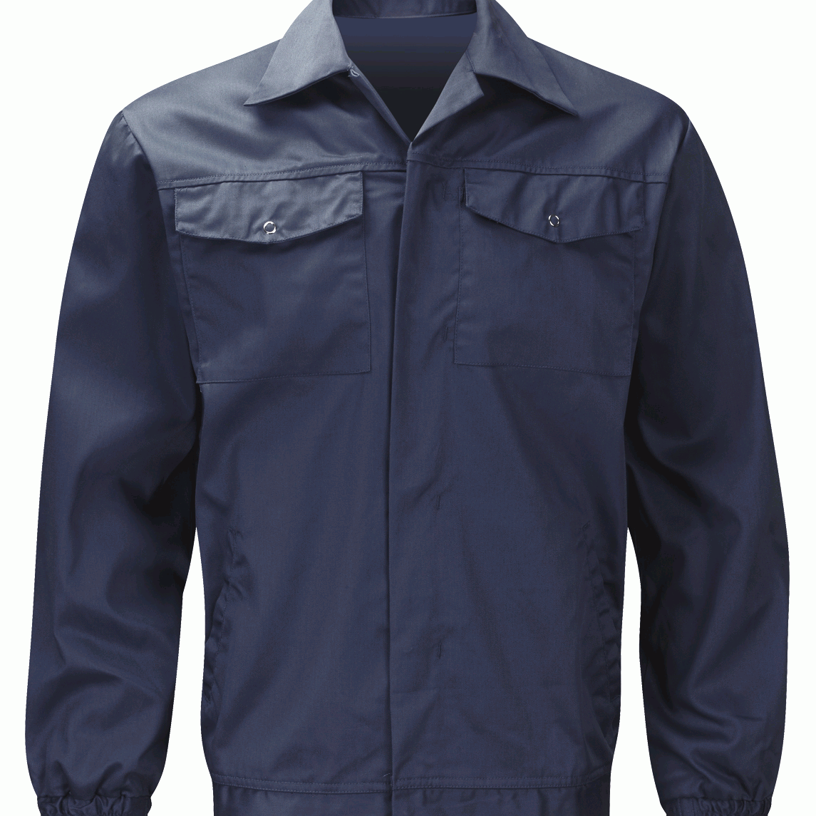navy utility jacket with a pointed collar, concealed front closure, dual chest flap pockets, and elastic cuffs, built for clean structure and everyday resilience by MAK Boots & Garments.