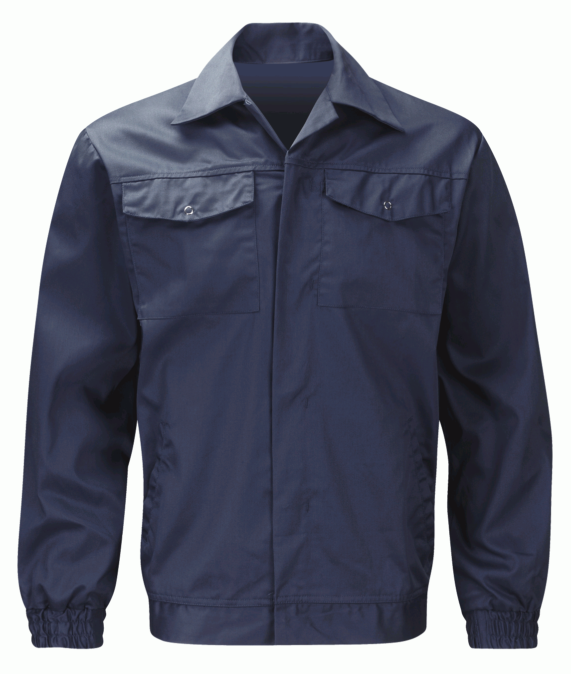 navy utility jacket with a pointed collar, concealed front closure, dual chest flap pockets, and elastic cuffs, built for clean structure and everyday resilience by MAK Boots & Garments.