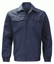 navy utility jacket with a pointed collar, concealed front closure, dual chest flap pockets, and elastic cuffs, built for clean structure and everyday resilience by MAK Boots & Garments.