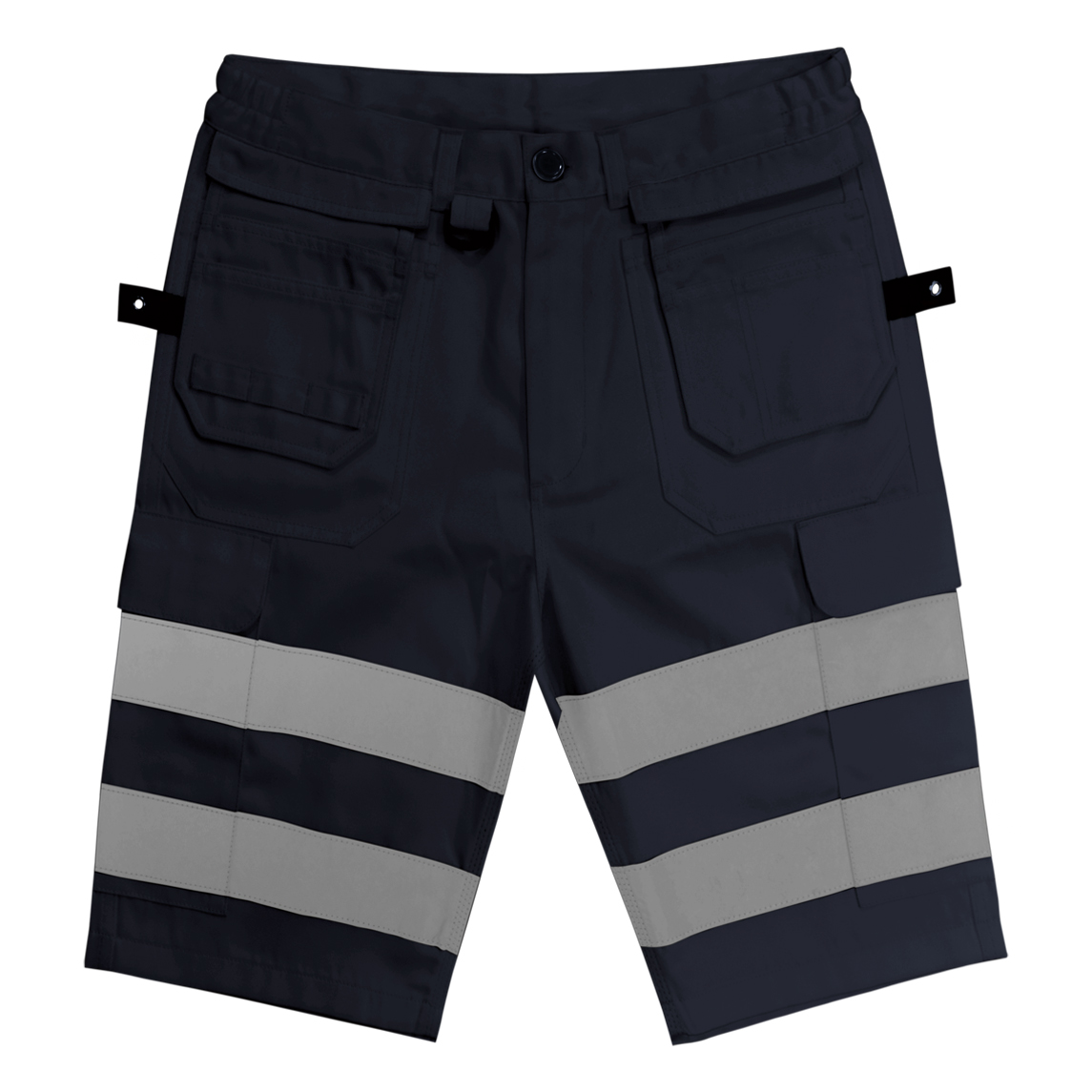 navy work shorts with dual wide reflective bands on each leg, multiple utility pockets, reinforced belt loops, and tool tabs, engineered for visibility and function in high-output environments by MAK Boots & Garments.