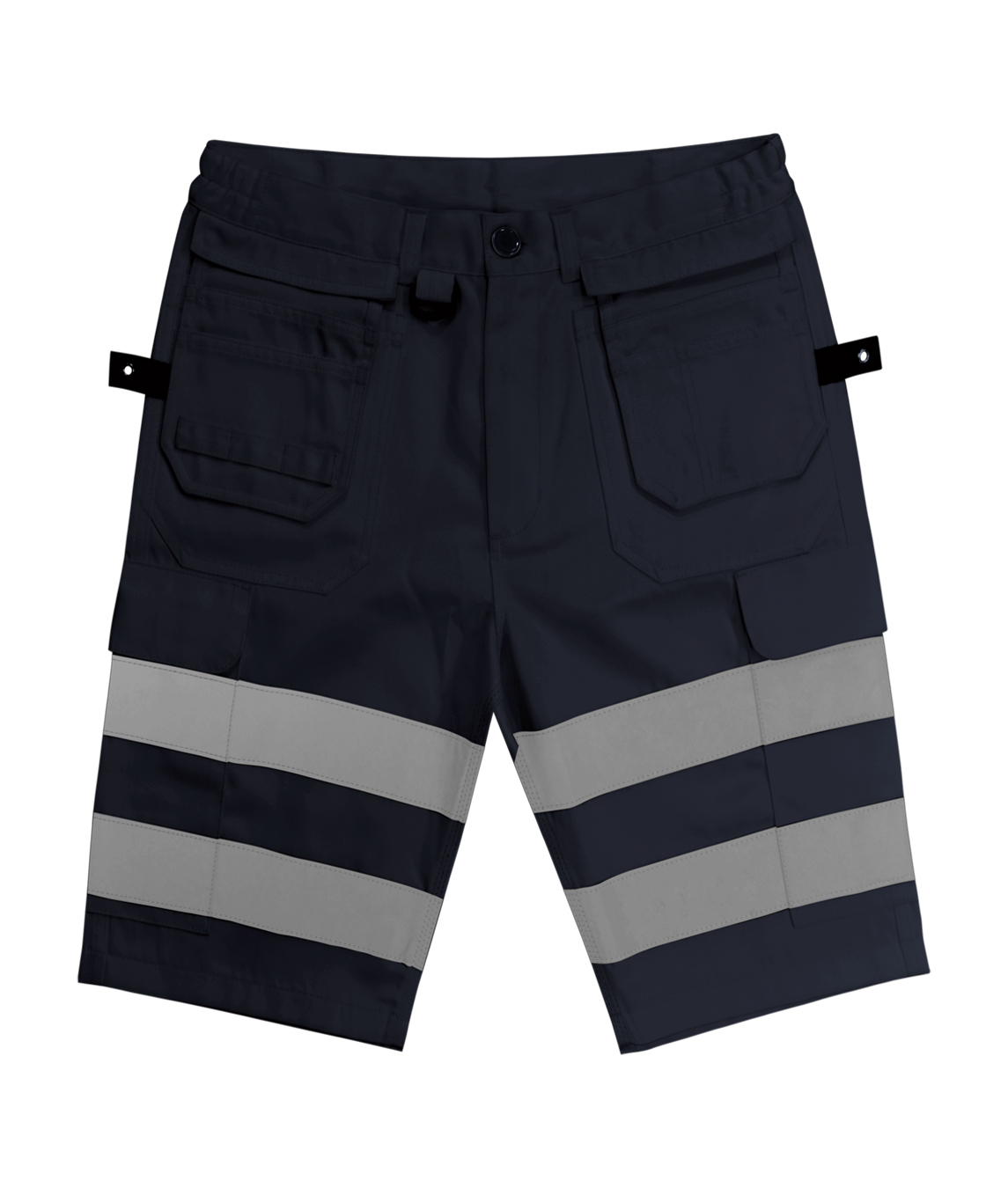 navy work shorts with dual wide reflective bands on each leg, multiple utility pockets, reinforced belt loops, and tool tabs, engineered for visibility and function in high-output environments by MAK Boots & Garments.