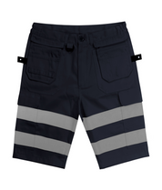 navy work shorts with dual wide reflective bands on each leg, multiple utility pockets, reinforced belt loops, and tool tabs, engineered for visibility and function in high-output environments by MAK Boots & Garments.