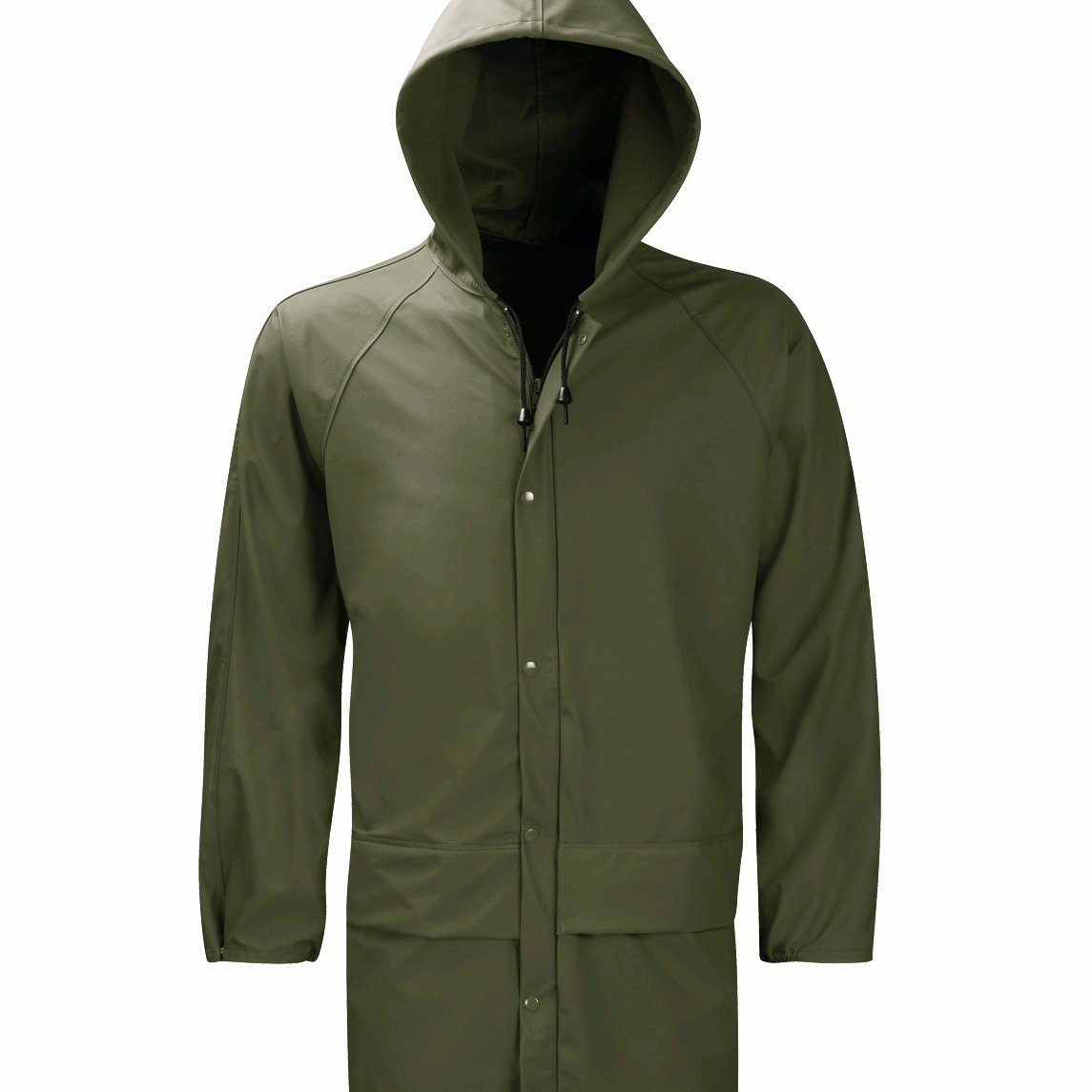 olive hooded rain jacket with a snap-button front, extended hem, and adjustable drawcord hood, built for lightweight waterproof protection in coastal or wet-weather conditions by MAK Boots & Garments.