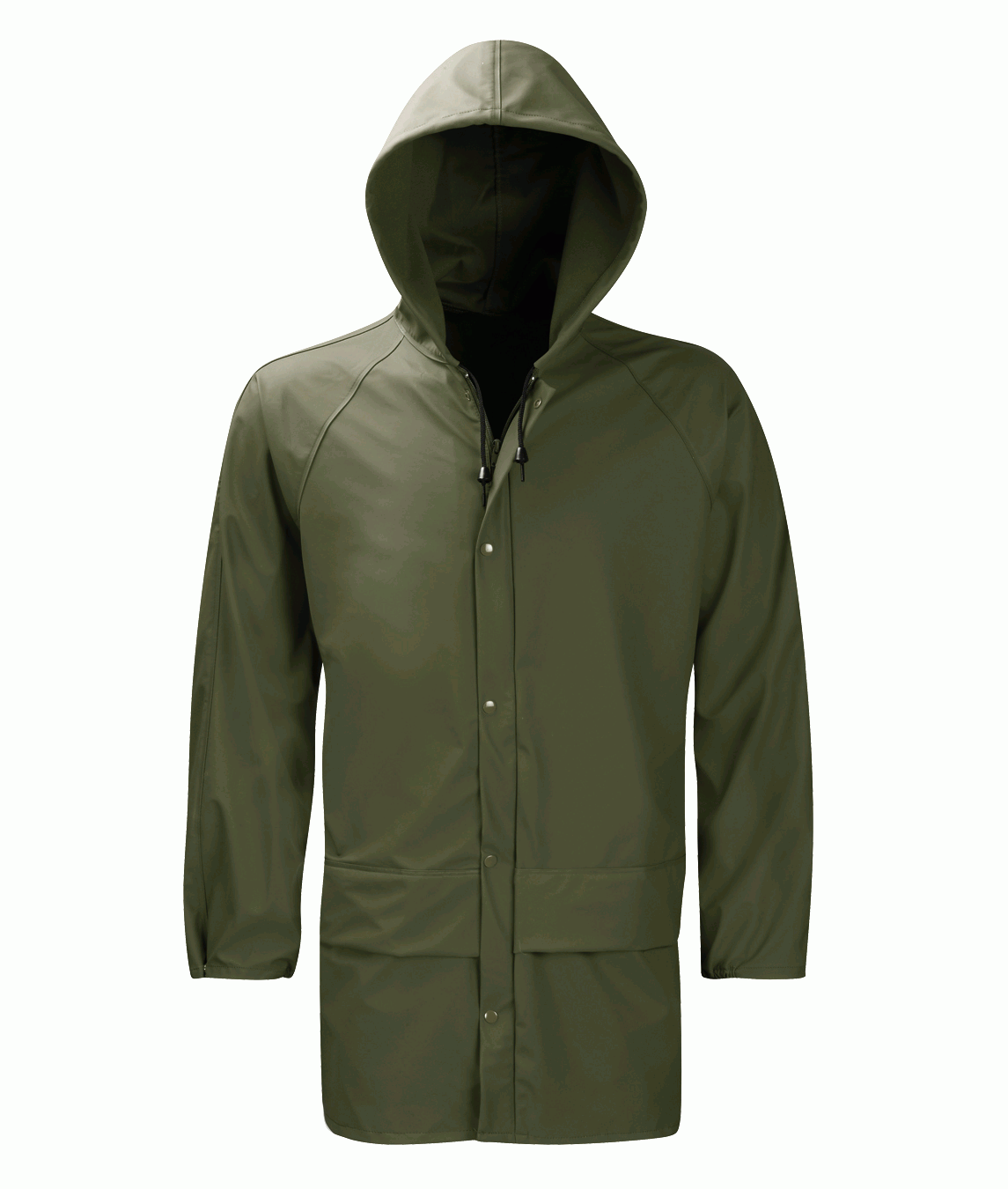 olive hooded rain jacket with a snap-button front, extended hem, and adjustable drawcord hood, built for lightweight waterproof protection in coastal or wet-weather conditions by MAK Boots & Garments.
