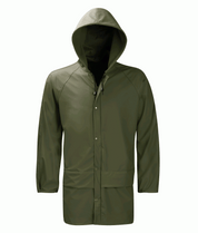 olive hooded rain jacket with a snap-button front, extended hem, and adjustable drawcord hood, built for lightweight waterproof protection in coastal or wet-weather conditions by MAK Boots & Garments.