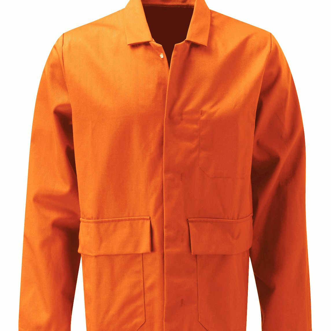 High-visibility orange fire-retardant poly-cotton work jacket with concealed press-stud closure, chest pocket, and two lower front pockets. Flame-resistant industrial outerwear for site, maintenance, and workshop environments. Protective jacket by MAK Boots & Garments.
