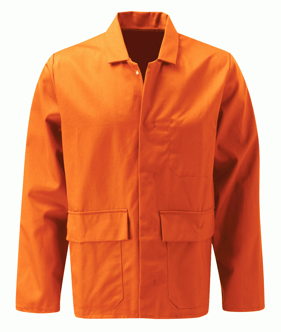 High-visibility orange fire-retardant poly-cotton work jacket with concealed press-stud closure, chest pocket, and two lower front pockets. Flame-resistant industrial outerwear for site, maintenance, and workshop environments. Protective jacket by MAK Boots & Garments.

