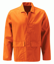 High-visibility orange fire-retardant poly-cotton work jacket with concealed press-stud closure, chest pocket, and two lower front pockets. Flame-resistant industrial outerwear for site, maintenance, and workshop environments. Protective jacket by MAK Boots & Garments.
