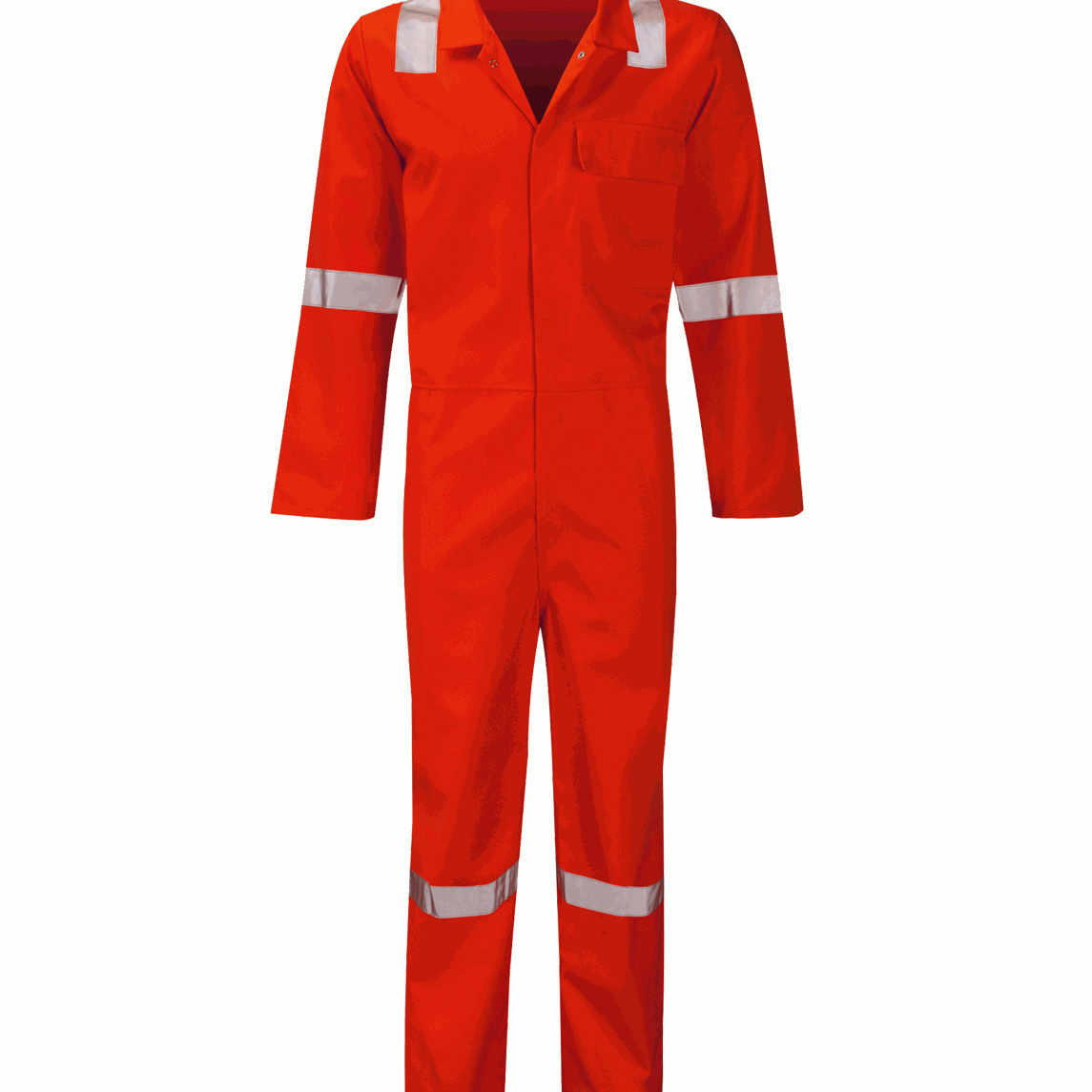 High-visibility orange fire-retardant coverall with reflective tape on the shoulders, arms, and legs. Features a single chest pocket and press-stud closure. Designed for high-risk environments such as oil, gas, and construction. Protective coverall by MAK Boots & Garments.