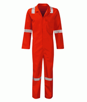 High-visibility orange fire-retardant coverall with reflective tape on the shoulders, arms, and legs. Features a single chest pocket and press-stud closure. Designed for high-risk environments such as oil, gas, and construction. Protective coverall by MAK Boots & Garments.