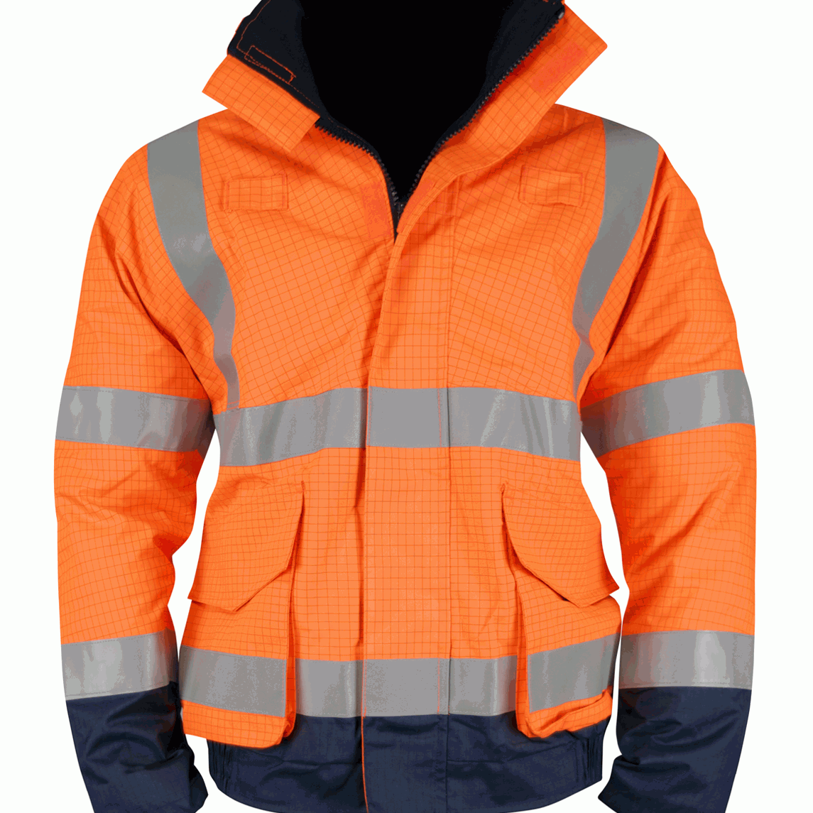 High-visibility orange and navy waterproof safety jacket with grey reflective tape across the chest, arms, and hem. Designed for roadwork, construction, and industrial use. Durable, weather-resistant outerwear by MAK Boots & Garments.
