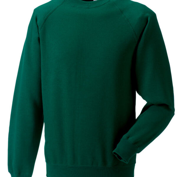 Bottle green Russell sweatshirt with stain protection and comfortable raglan sleeves; ideal for uniforms and custom printing