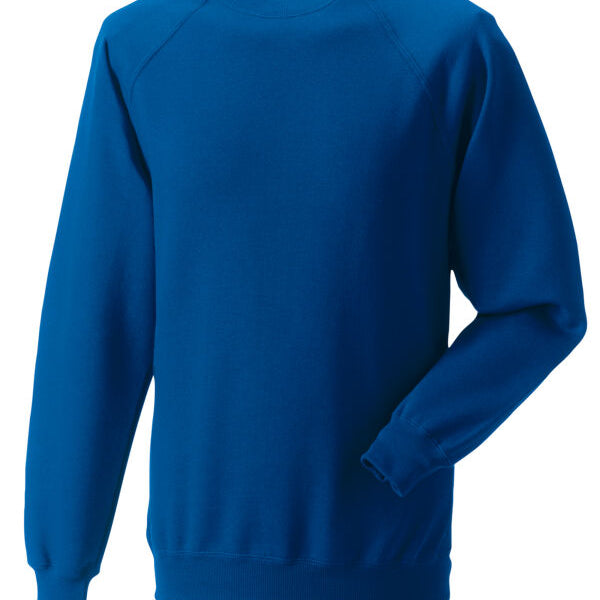 bright royal raglan sleeve sweatshirt with durable rib trim, stain-resistant finish, and a smooth surface for decoration or logos.