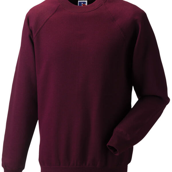 burgundy raglan sleeve sweatshirt with durable rib trim, stain-resistant finish, and a smooth surface for decoration or logos.