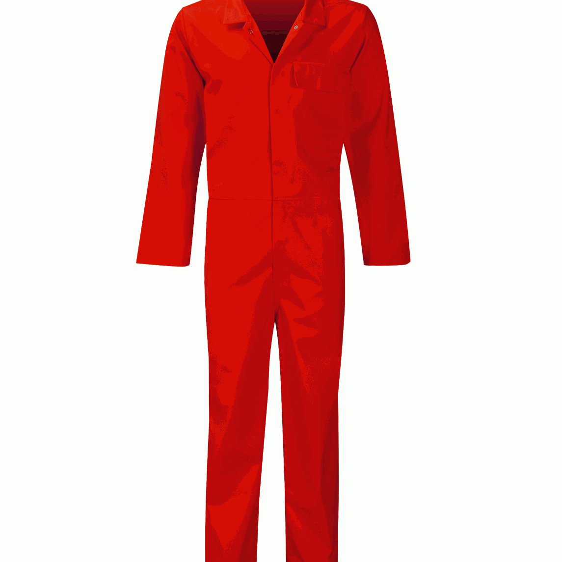 Bright red fire-retardant poly-cotton coverall with a single chest pocket, press-stud fastening, and long sleeves. Lightweight flame-resistant workwear for industrial and high-risk work zones. Safety coverall by MAK Boots & Garments.