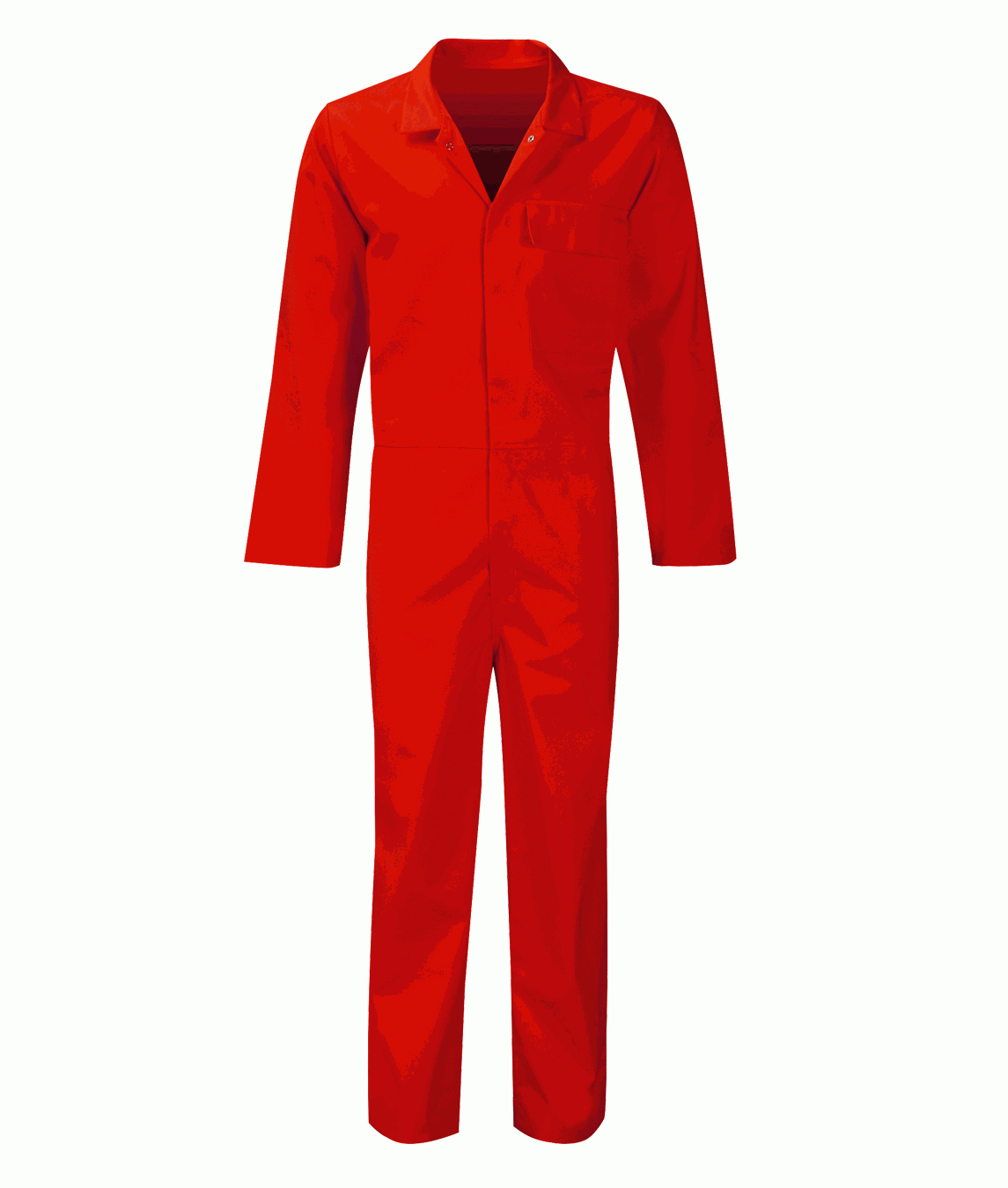 Bright red fire-retardant poly-cotton coverall with a single chest pocket, press-stud fastening, and long sleeves. Lightweight flame-resistant workwear for industrial and high-risk work zones. Safety coverall by MAK Boots & Garments.