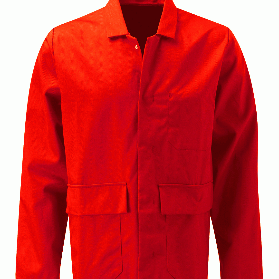 Bright red fire-retardant poly-cotton work jacket featuring a concealed press-stud front, chest pocket, and two front pockets. Flame-resistant protective jacket ideal for industrial, maintenance, and engineering environments. Workwear by MAK Boots & Garments.