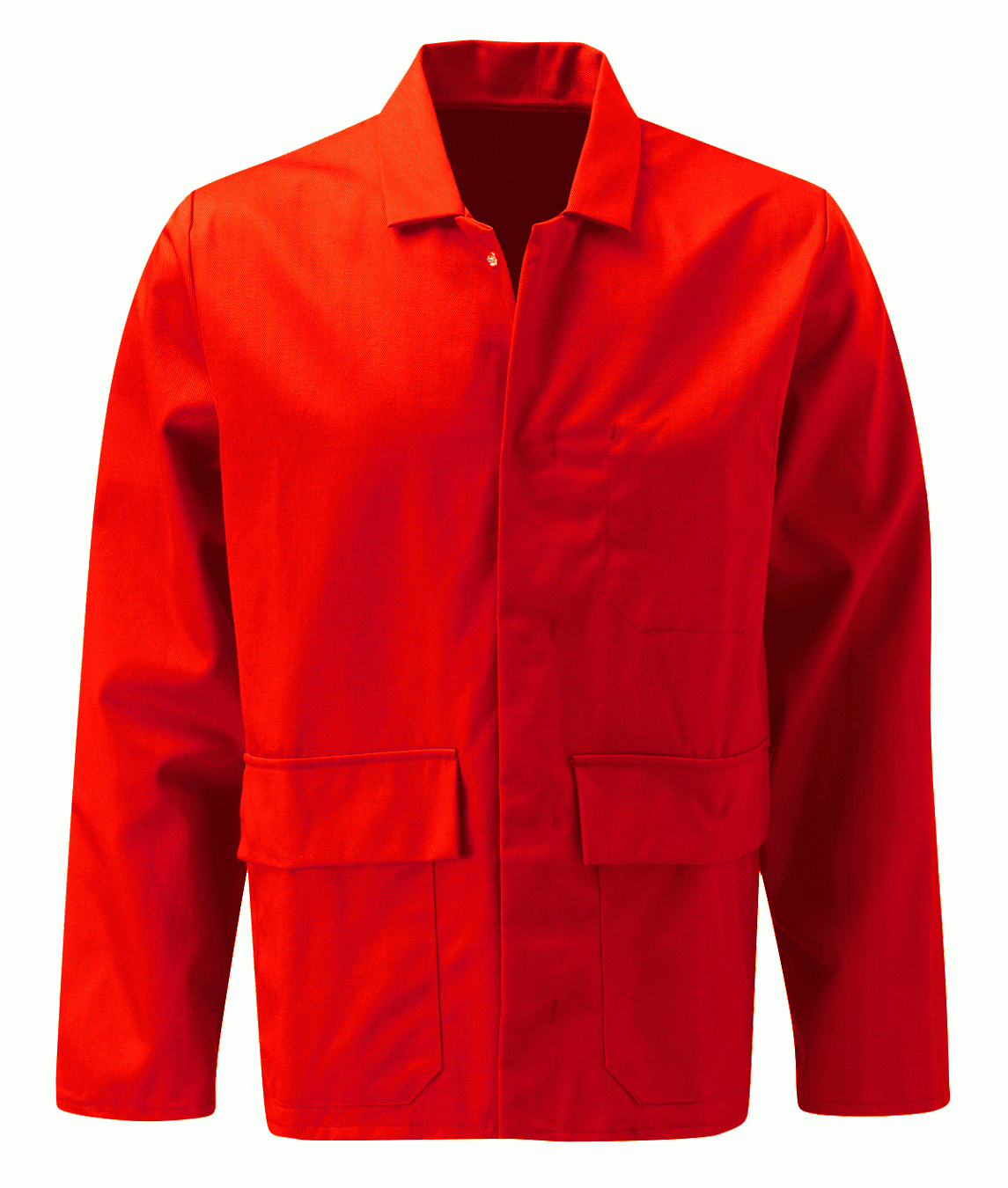 Bright red fire-retardant poly-cotton work jacket featuring a concealed press-stud front, chest pocket, and two front pockets. Flame-resistant protective jacket ideal for industrial, maintenance, and engineering environments. Workwear by MAK Boots & Garments.