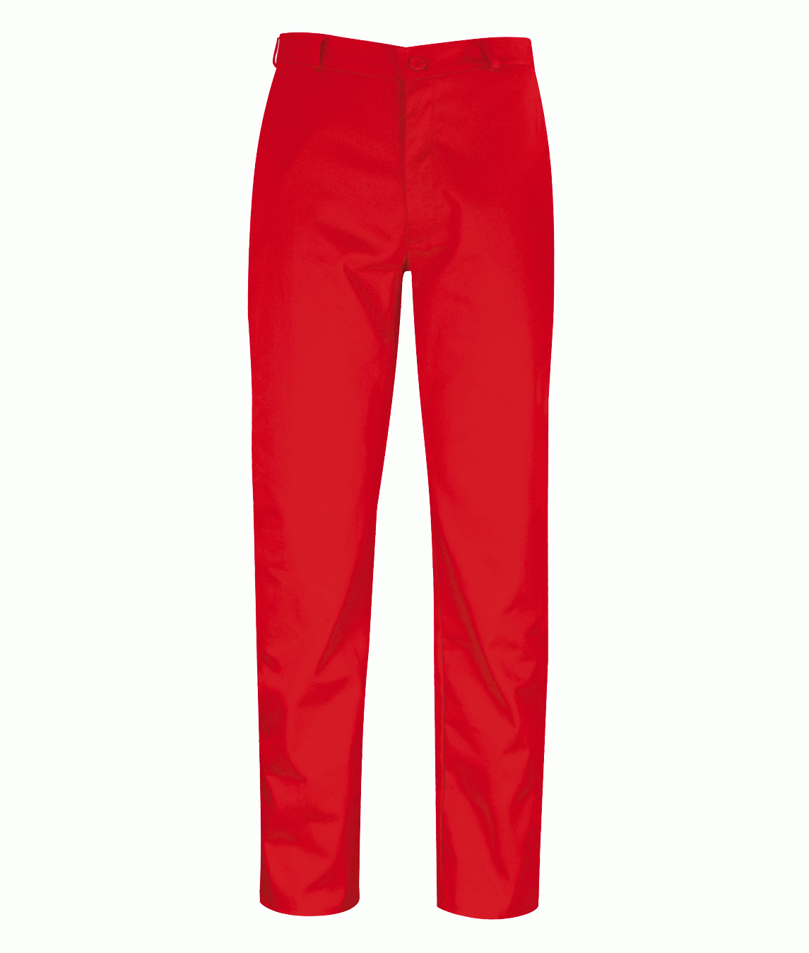 Bright red fire-retardant work trousers with belt loops and button fastening. Flame-resistant poly-cotton design for high-risk industrial, workshop, and site use. Protective legwear by MAK Boots & Garments.