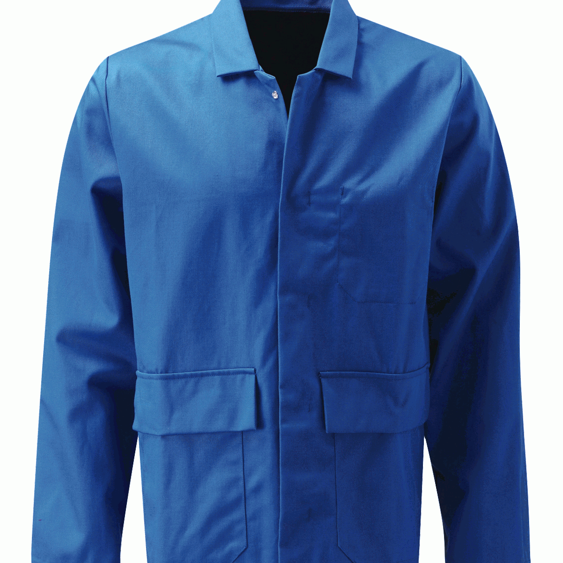 Royal blue fire-retardant poly-cotton work jacket with concealed press-stud closure, chest pocket, and dual front pockets. Flame-resistant jacket designed for mechanical, workshop, and industrial settings. Protective workwear by MAK Boots & Garments.