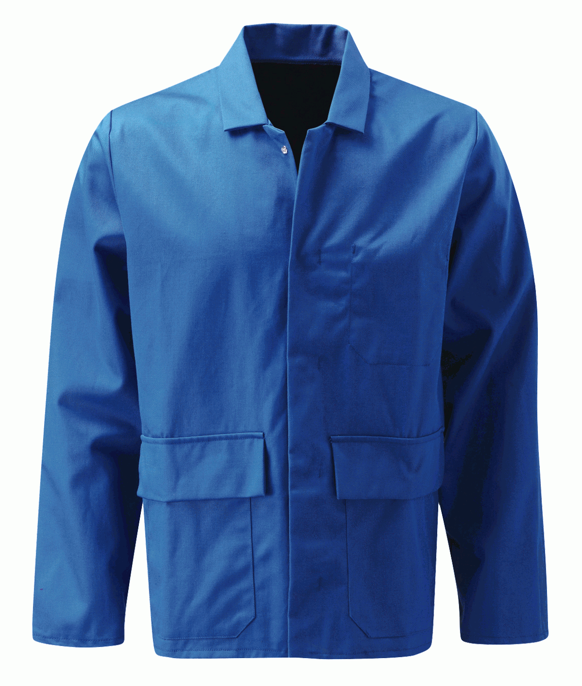 Royal blue fire-retardant poly-cotton work jacket with concealed press-stud closure, chest pocket, and dual front pockets. Flame-resistant jacket designed for mechanical, workshop, and industrial settings. Protective workwear by MAK Boots & Garments.