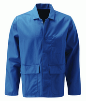Royal blue fire-retardant poly-cotton work jacket with concealed press-stud closure, chest pocket, and dual front pockets. Flame-resistant jacket designed for mechanical, workshop, and industrial settings. Protective workwear by MAK Boots & Garments.