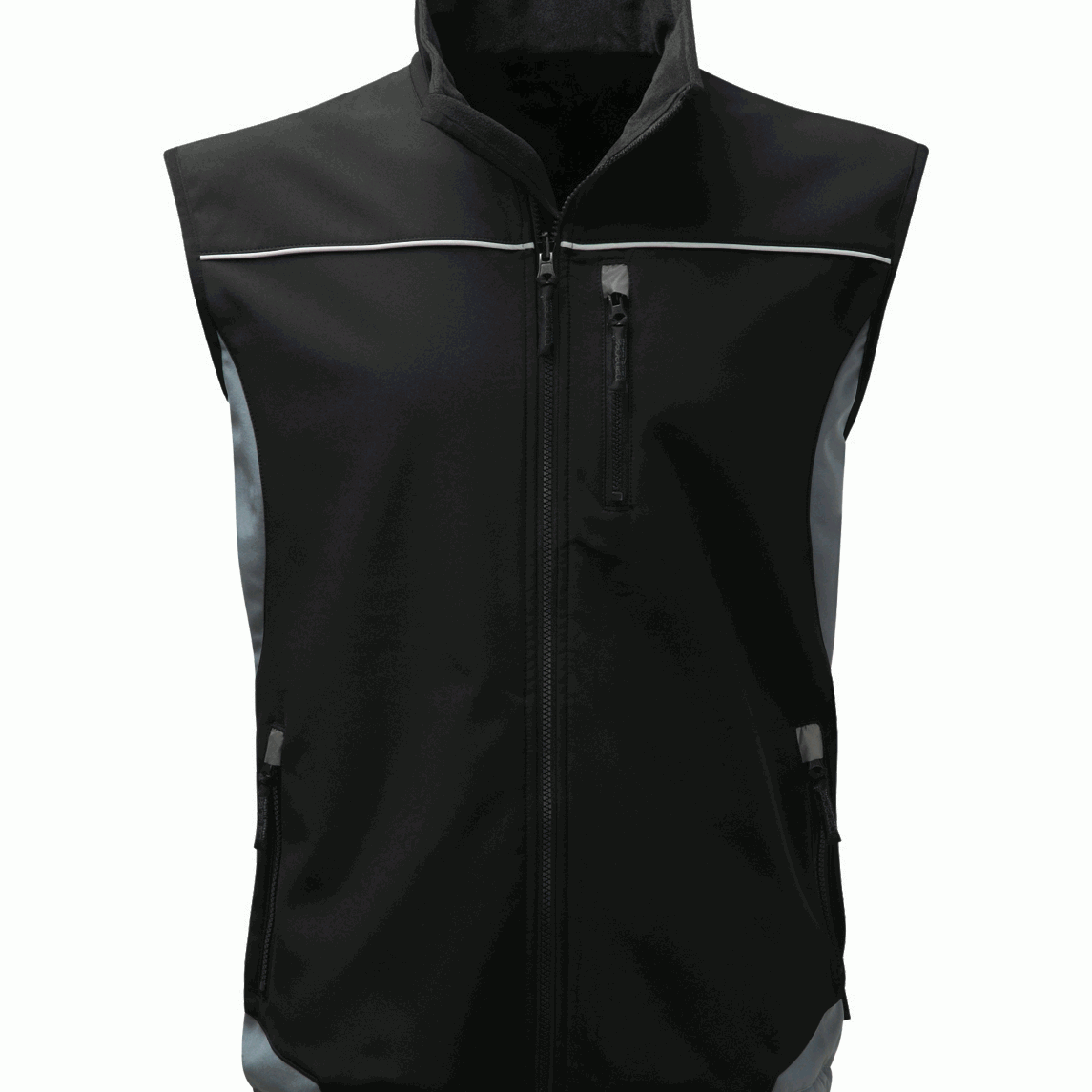 Black softshell work vest with reflective piping and zippered pockets, designed for durability and comfort in industrial and outdoor work environments. High-quality workwear by MAK Boots & Garments.