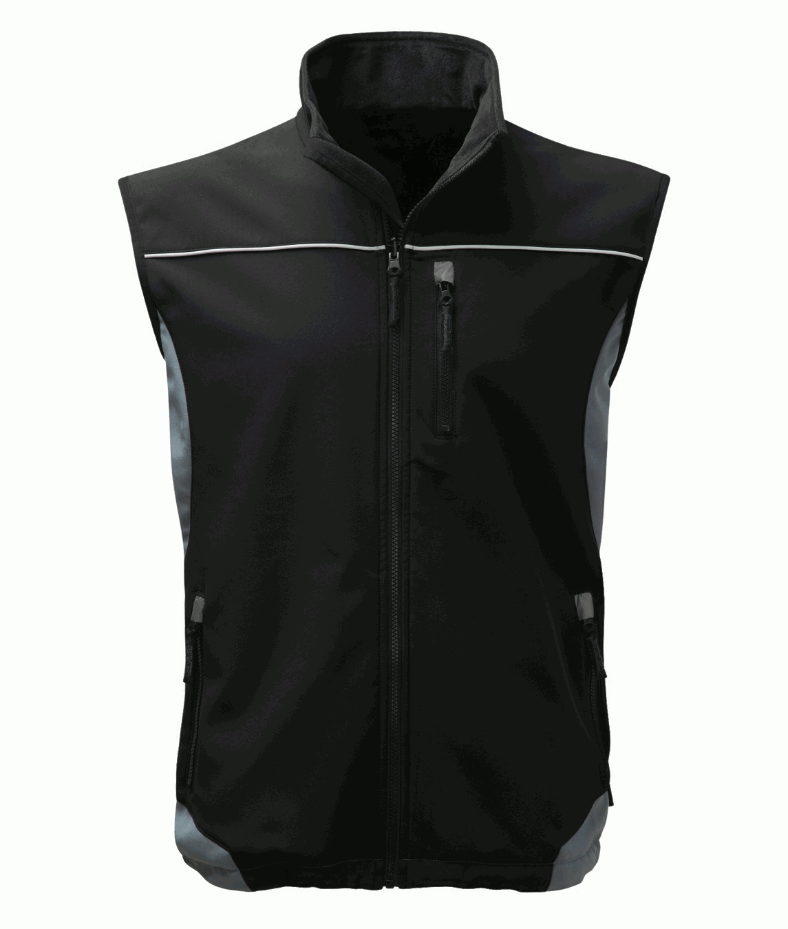 Black softshell work vest with reflective piping and zippered pockets, designed for durability and comfort in industrial and outdoor work environments. High-quality workwear by MAK Boots & Garments.